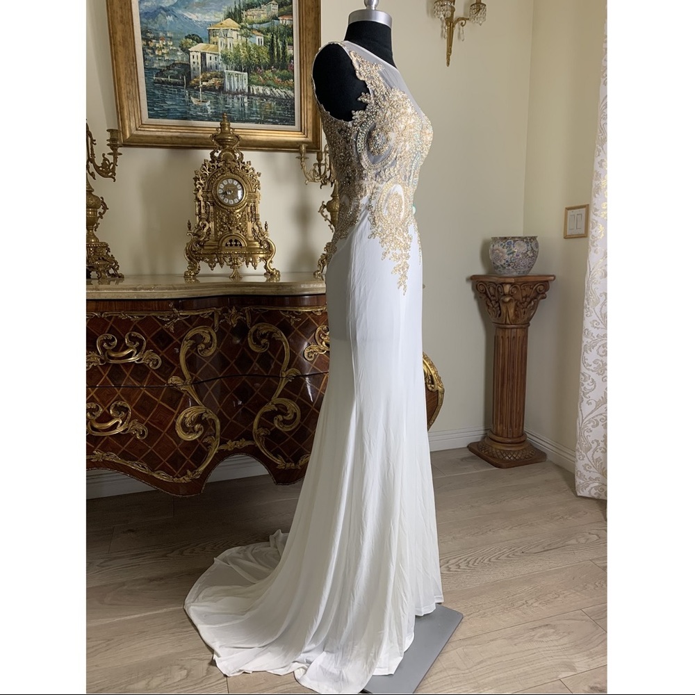 Elegant White and Gold Evening Gown